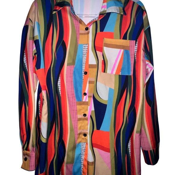 Colorful Geo Print Shirt, Casual Button Front Long Sleeve Shirt - Picture 4 of 4